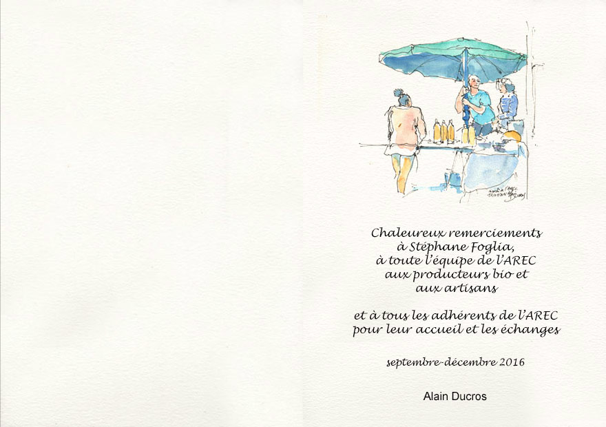 Croquis du marché de l'AREC, calendrier 2018, croquis aquarellés  Alain Ducros