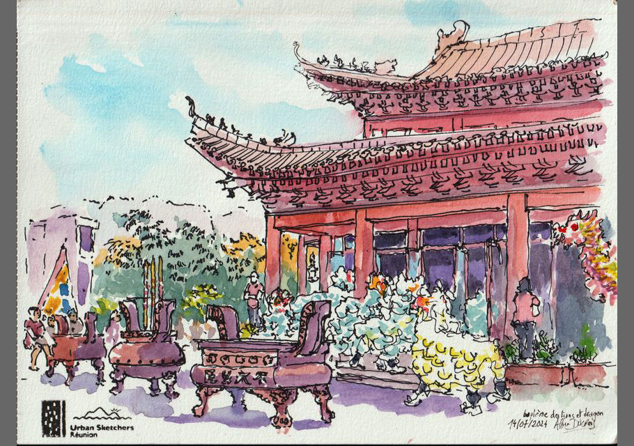 Temple Guan Di, St-Pierre, croquis aquarellés  Alain Ducros